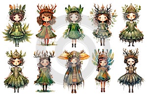 Collection of cute cartoon little druid girls, forest elves standing in a row, fantasy characters with deer antlers, isolated on