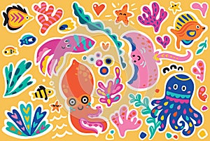 Collection of cute cartoon marine creatures in bright childish style. Flat simple style vector