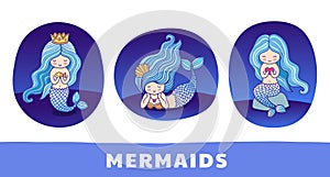 Collection of cute cartoon princess mermaids.