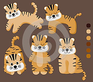 A collection of cute cartoon tiger cubs. A set of 5 cute characters, a funny tiger cub. Vector flat hand-drawn doodle