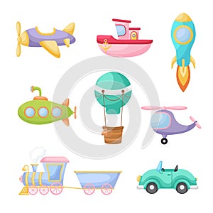 Collection of cute cartoon transport. Set of vehicles for design of childrens book, album, baby shower, greeting card, party
