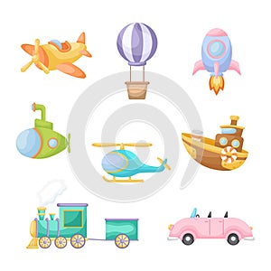 Collection of cute cartoon transport. Set of vehicles for design of kids rooms, clothing, album, card, baby shower, birthday