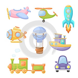 Collection of cute cartoon transport. Set of vehicles for design of kids rooms, clothing, album, card, baby shower, birthday