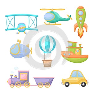 Collection of cute cartoon transport. Set of vehicles for design of kids rooms, clothing, album, card, baby shower, birthday