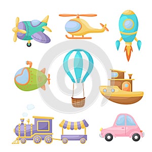 Collection of cute cartoon transport. Set of vehicles for design of kids rooms, clothing, album, card, baby shower, birthday