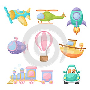 Collection of cute cartoon transport. Set of vehicles for design of kids rooms, clothing, album, card, baby shower, birthday