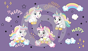 Collection of cute cartoon unicorns on purple background vector