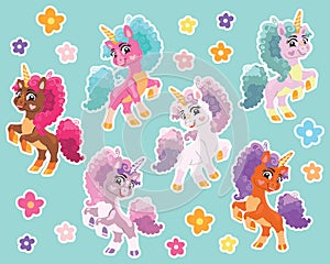 Collection of cute cartoon unicorns on a turquoise background vector