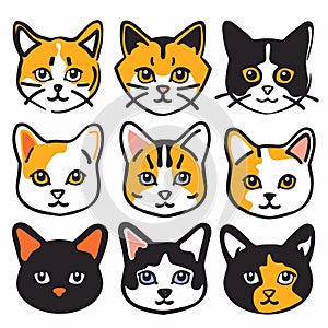 Collection cute cat faces, different breeds fur patterns, cartoon style, pet characters set. Cat