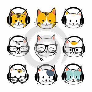 Collection cute cat faces wearing headphones glasses. Cartoon feline heads various expressions