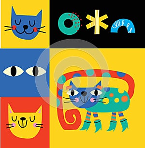 Collection with cute cats, decorative abstract illustrations with colorful doodles, geometric shapes. Hand drawn modern