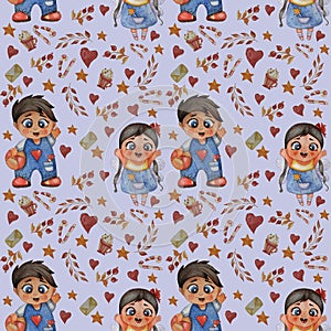 Collection of cute children. Seamless patterns. Little fairy with a milk tooth and a magic wand and a football boy with