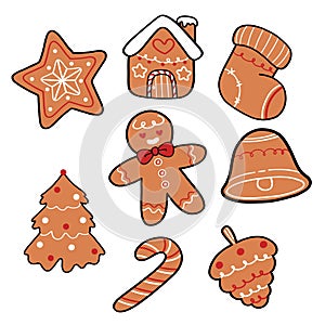 Collection of cute Christmas Gingerbread cookies hand drawn cartoon, star, sock, ginger man, house, candy, bell