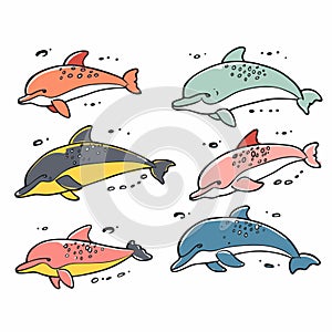 Collection cute colorful cartoon dolphins swimming aquatic. Hand drawn playful dolphin characters