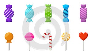 Collection of Cute Colorful Tasty Candies on White Background. Lollipop on Stick, Sweet Caramel, Hard Candy Set. Wrapped