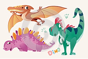 Collection of cute dino and Pterodactylus. Set 1 of colorful dinosaurios and Pterodactyl. Vector illustration photo