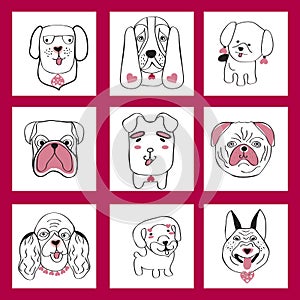 Collection with cute dogs set in sketch cartoon style