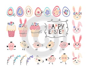Collection of cute easter cartoon characters and spring decorative elements - bunnies, eggs, chickens, Easter bread, cake,