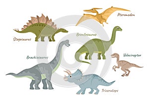 Collection of cute flat dinosaurs. Jurassic period creatures.