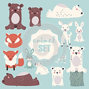 Collection of cute forest and polar animals with baby cubs, including bear, fox, fawn and rabbit photo