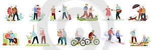 Collection of cute funny active elderly couples concept. Set of healthy activities for seniors exercising, jogging