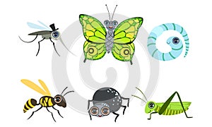 Collection of Cute Funny Cartoon Insects Set, Mosquito, Butterfly, Caterpillar, Wasp, Grasshopper, Spider, Worm Vector
