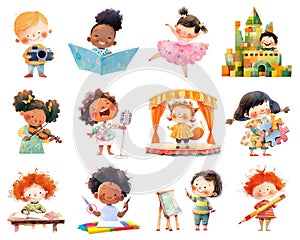 Collection of cute funny cartoon kids engaged in different creative activities like drawing, singing, theater and so on. Children