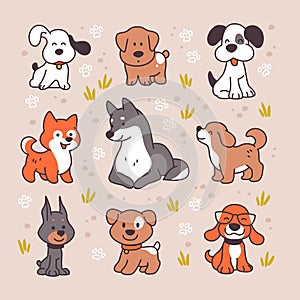 Collection of cute funny dog characters different breeds walking isolated on white background.