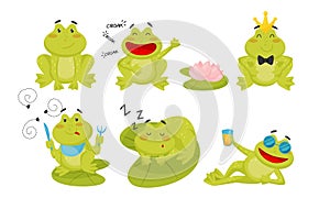 Collection of Cute Funny Frog Cartoon Character, Adorable Frog Amphibian Animal in Different Situations