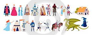 Collection of cute funny male and female characters and items and monsters from medieval fairytale or legend isolated on