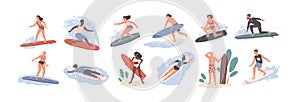 Collection of cute funny people in swimwear surfing in sea or ocean. Bundle of happy surfers in beachwear with