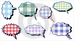 collection of cute gingham speech bubble, conversation box, chatbox, message box, speak balloon, and thinking balloons on white