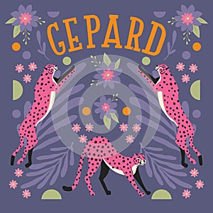 Collection of cute hand drawn pink cheetahs jumping and stretching on dark purple background with exotic plants and hand lettering