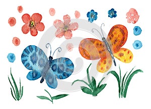 Set of cute watercolor butterflies and flowers