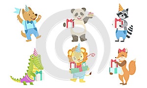 Collection of Cute Happy Animals for Happy Birthday Design, Dog, Panda, Raccoon, Crocodile, Lion, Fox, Vector