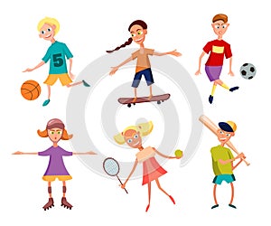 Collection of Cute Happy Children Playing Sports. Active Kids. Vector Illustration