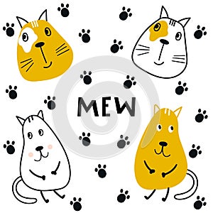 Collection of cute kids cartoon animal cats with trail and lettering. Set of wild characters in scandinavian style