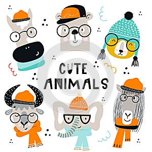 Collection of cute kids cartoon animals with clothes and accessories. Set of wild characters in scandinavian style.