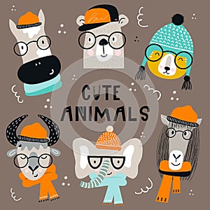 Collection of cute kids cartoon animals with clothes and accessories. Set of wild characters in scandinavian style.