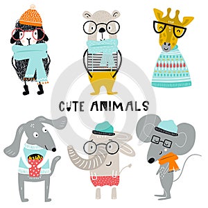 Collection of cute kids cartoon animals with clothes and accessories. Set of wild characters in scandinavian style.