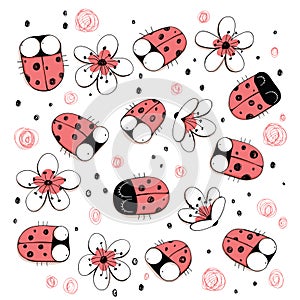 Collection of cute ladybugs and flowers