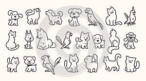 Collection of cute line art pet icons â€“ cat, dog and parrot characters isolated on light background.