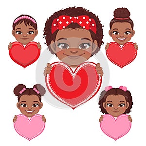 Collection of Cute little American African Girls Holding Red and Pink Hearts Vector