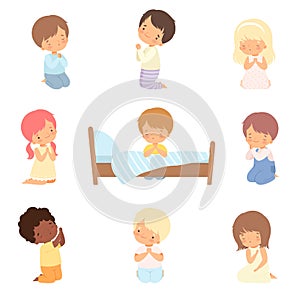 Collection of Cute Little Children Characters Kneeling and Praying Cartoon Vector Illustration