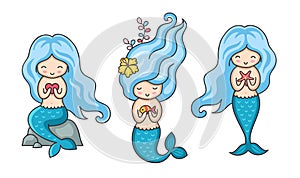 Collection of cute little mermaids with blue hair in different poses.