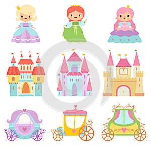 Collection of Cute Little Princesses, Magic Castles, Fairy Tale Carriages Cartoon Vector Illustration