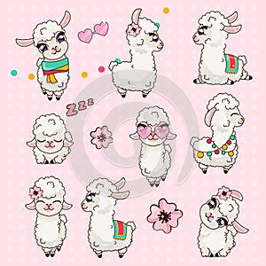 Collection Cute Llama Alpaca Vicuna Set Kawaii.