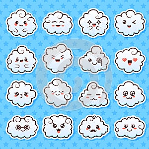 Collection of cute lovely kawaii clouds. Doodle cartoon clouds with faces in manga style. Cute emoticon emoji hand drawn