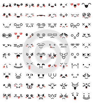 Collection of cute lovely kawaii eyes and mouths. Doodle cartoon faces in manga style. Cute emoticon emoji characters