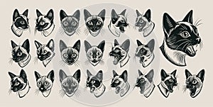 Collection of cute meowing siamese cat head in side view design